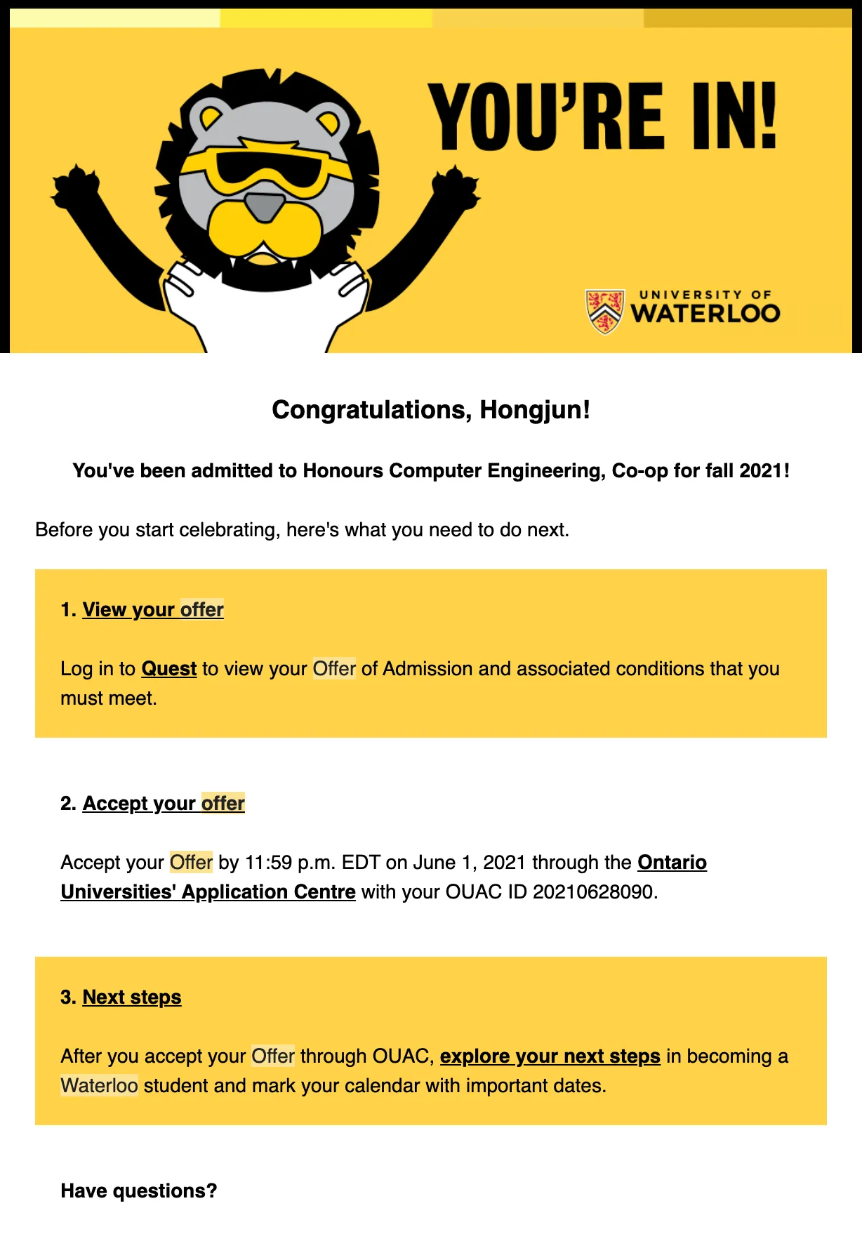 워털루 합격 오퍼 이메일